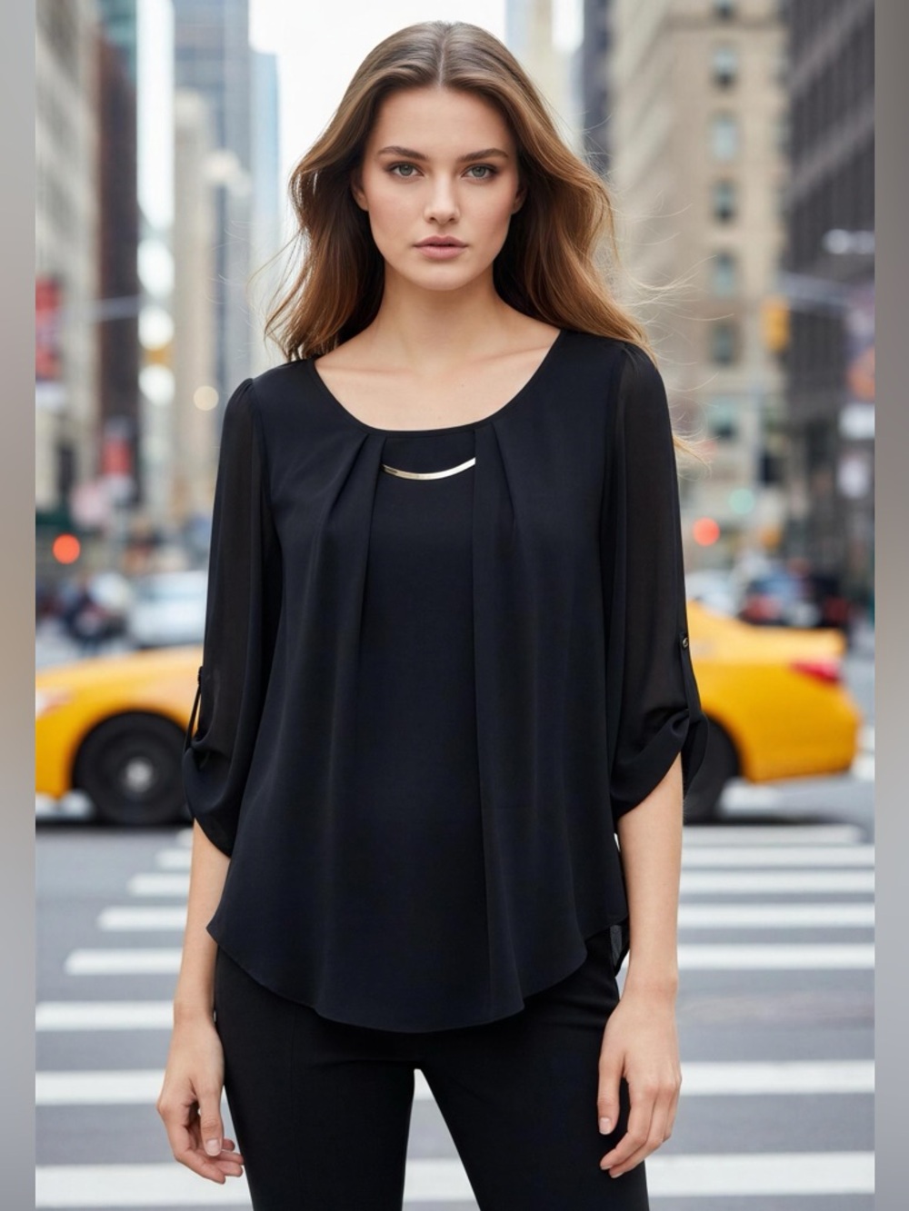 Roz & Ali Black Long Sleeve Scoop Neck Blouse with Gold Accent Size 2X NWT